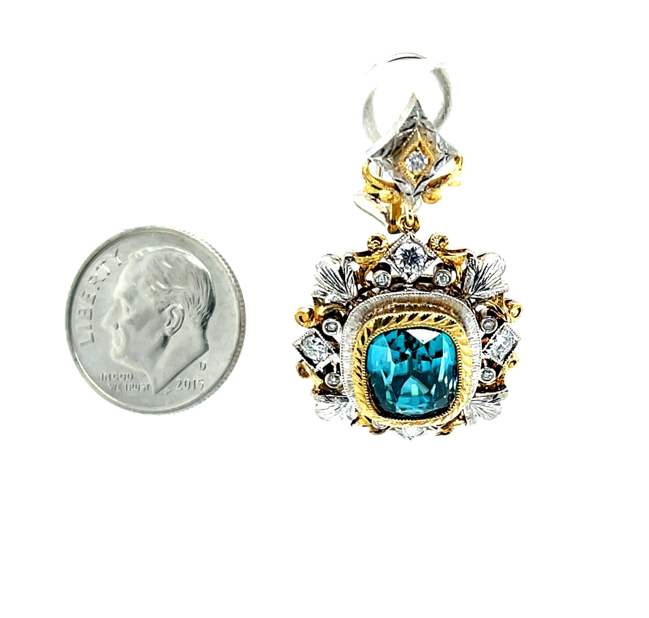 10.60 Ct T.W. Blue Zircon Diamond, Two-Toned Handmade French Clip Drop Earrings For Sale 1