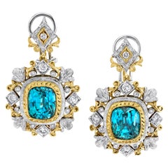 10,60 ct. t.w. Zircon bleu Diamant, bicolore Boucles d'oreilles à clip faites à la main