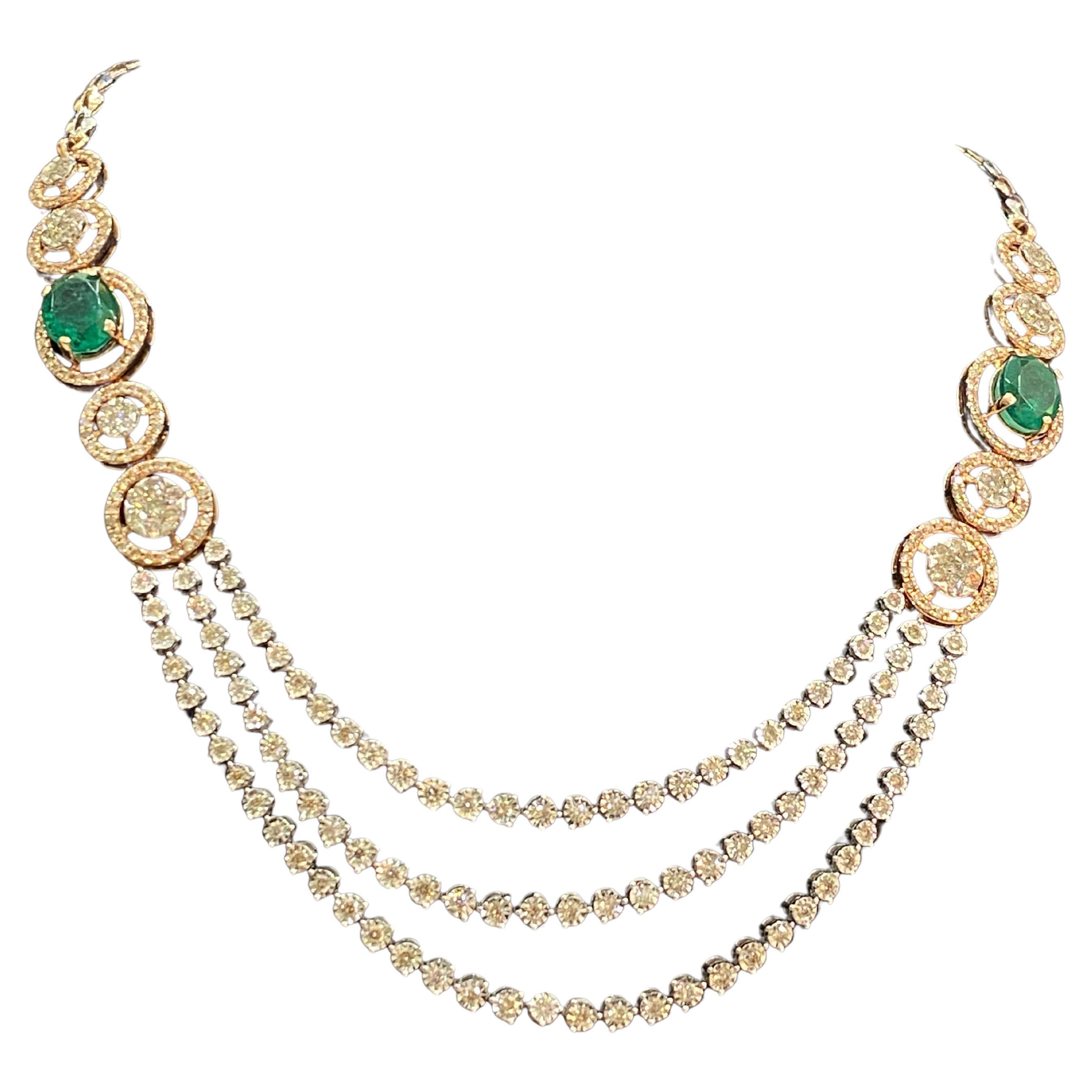 10.60 Cts F/VS1 Round Brilliant Cut Diamonds Emerald 3-Strand Necklace 14K Gold