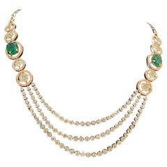 10.60 Cts F/VS1 Round Brilliant Cut Diamonds Emerald 3-Strand Necklace 14K Gold