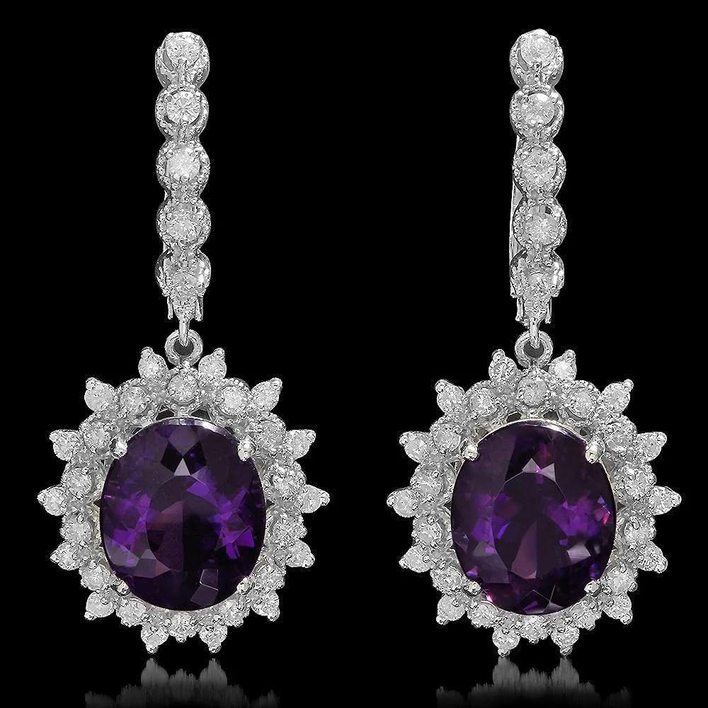 Mixed Cut 10.60ct Natural Amethyst and Diamond 14K Solid White Gold Earrings For Sale