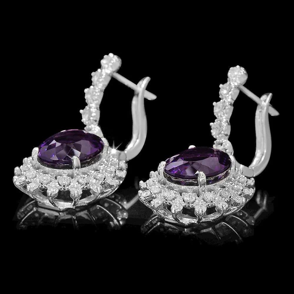 10.60ct Natural Amethyst and Diamond 14K Solid White Gold Earrings In New Condition For Sale In Los Angeles, CA