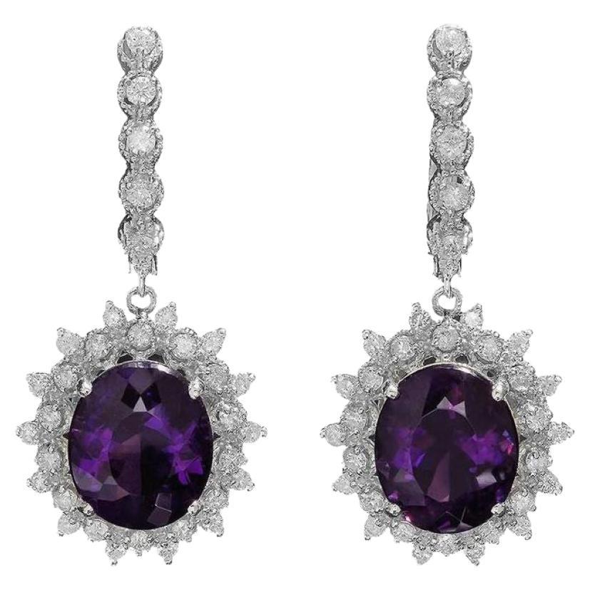 10.60ct Natural Amethyst and Diamond 14K Solid White Gold Earrings For Sale