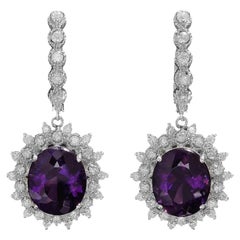 10.60ct Natural Amethyst and Diamond 14K Solid White Gold Earrings