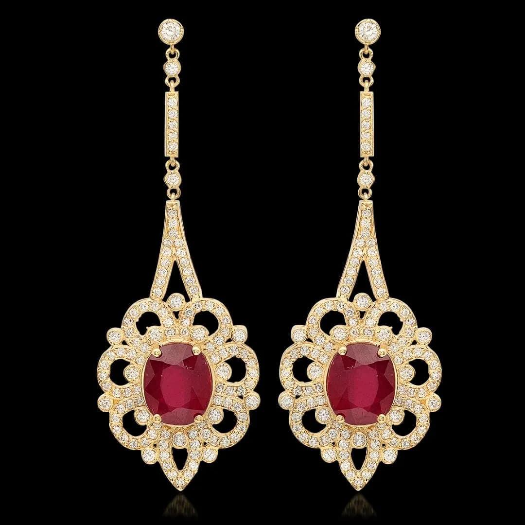 Mixed Cut 10.60Ct Natural Ruby and Diamond 14K Solid Yellow Gold Earrings For Sale
