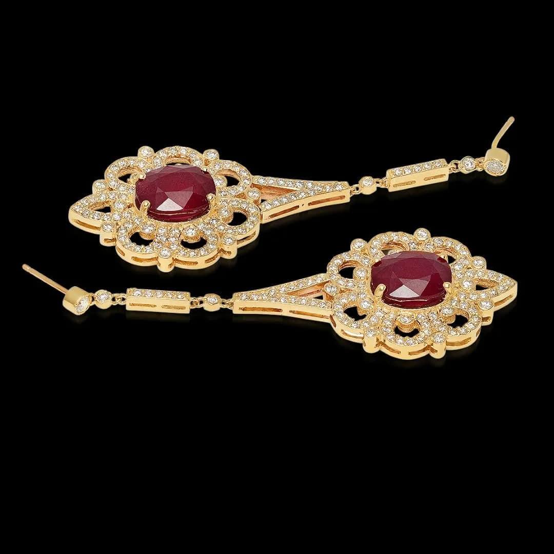 10.60Ct Natural Ruby and Diamond 14K Solid Yellow Gold Earrings In New Condition For Sale In Los Angeles, CA