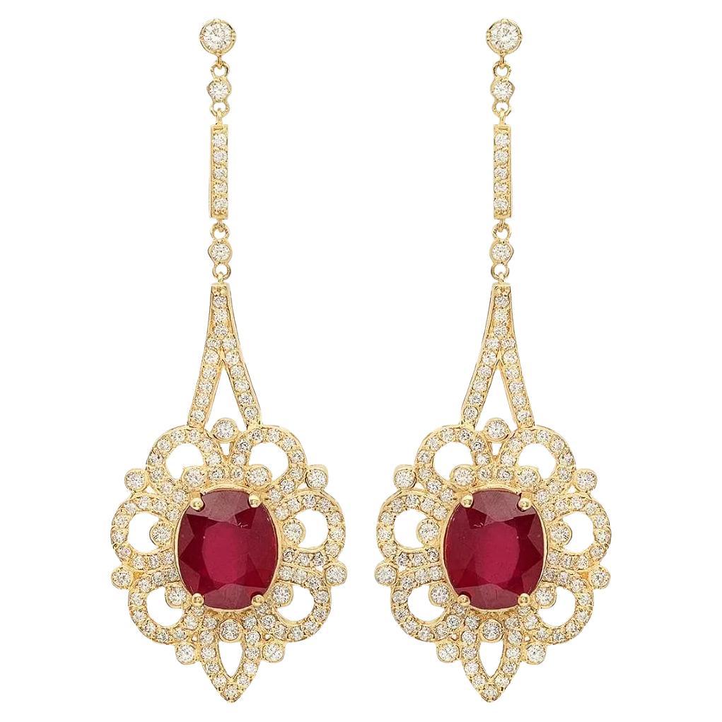 Boucles d'oreilles en or jaune massif 14 carats avec rubis naturel de 10,60 carats et diamants