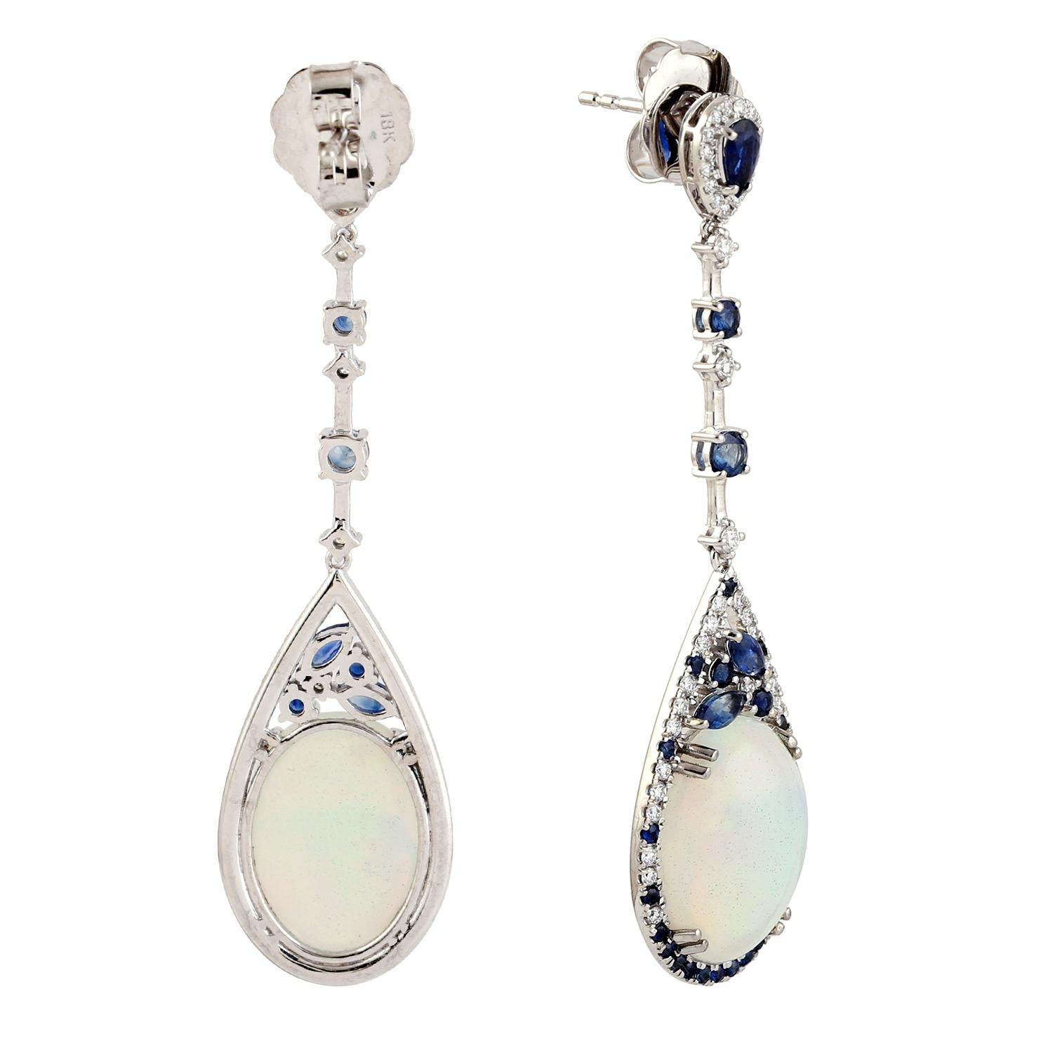 Mixed Cut 10.61 Carat Opal 14 Karat Gold Blue Sapphire Diamond Linear Drop Earrings For Sale
