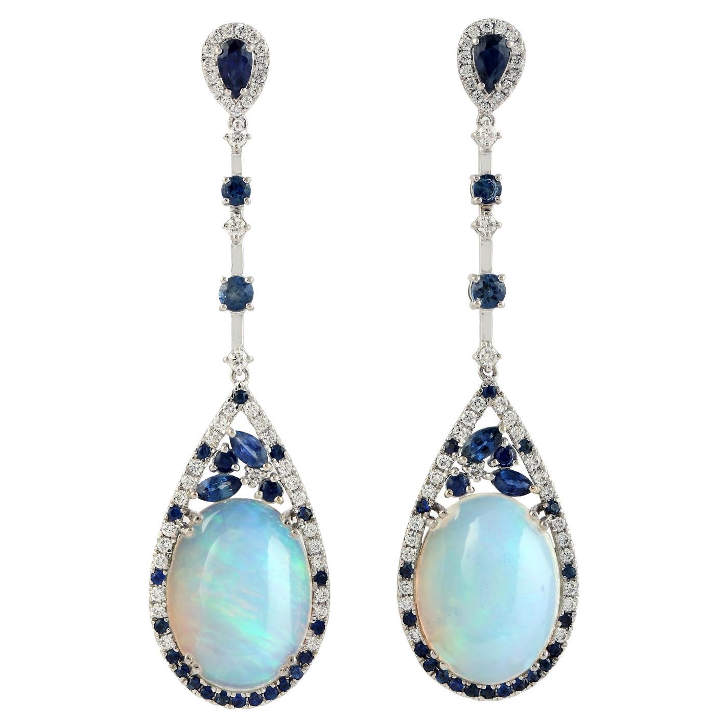 10.61 Carat Opal 14 Karat Gold Blue Sapphire Diamond Linear Drop Earrings For Sale