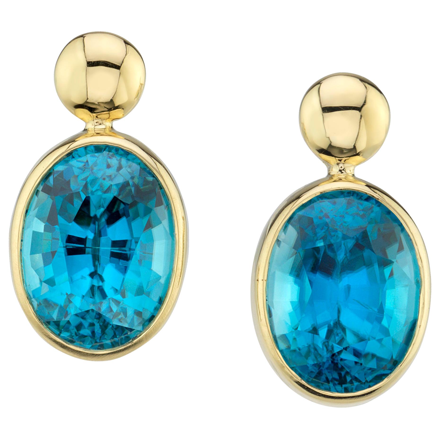Blue Zircon and 18k Yellow Gold Drop Earrings. 10.62 Carats Total