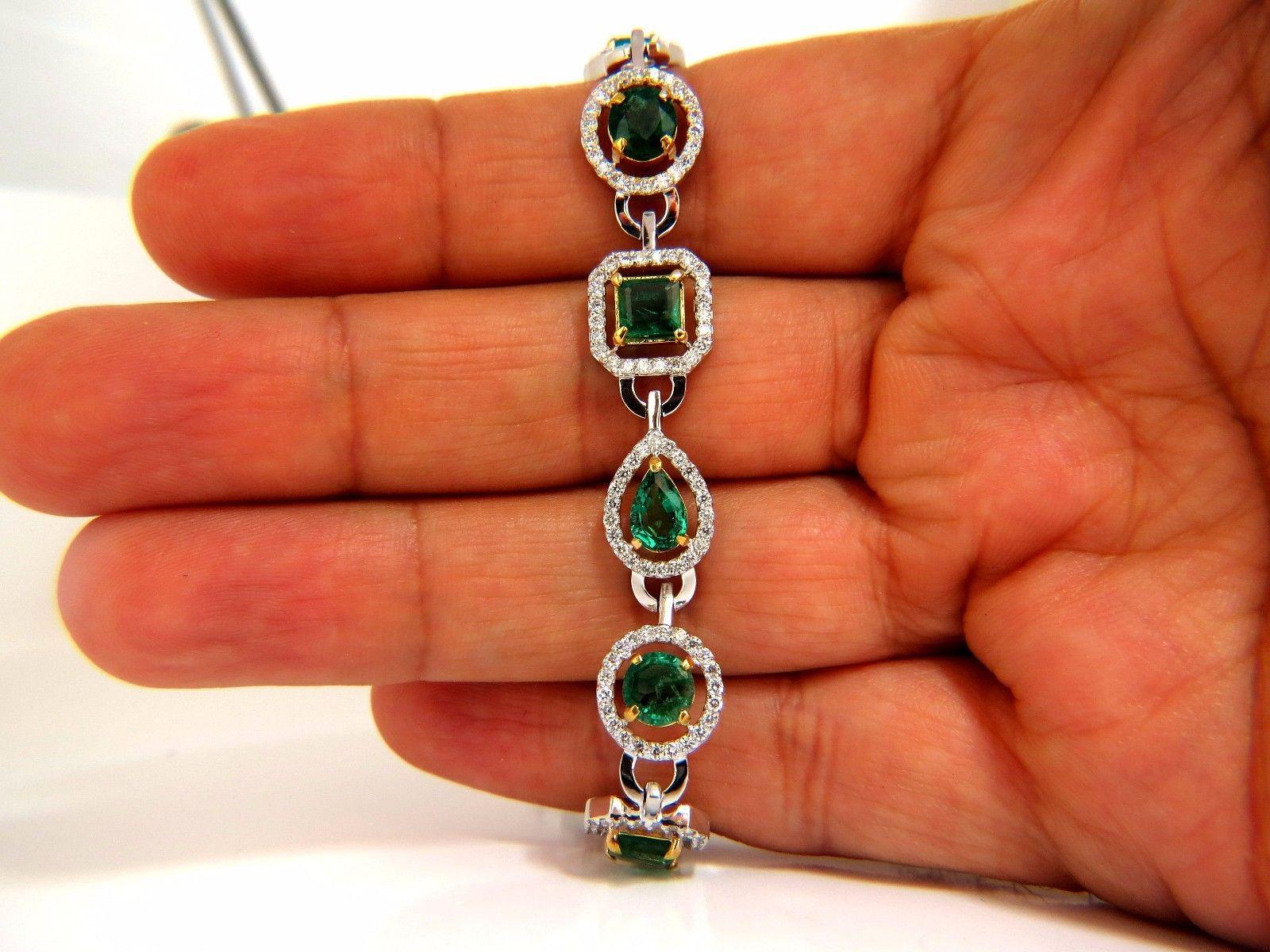 Emerald Cut 10.62 Carat Natural Emeralds Diamond Halo Bracelet 14 Karat For Sale