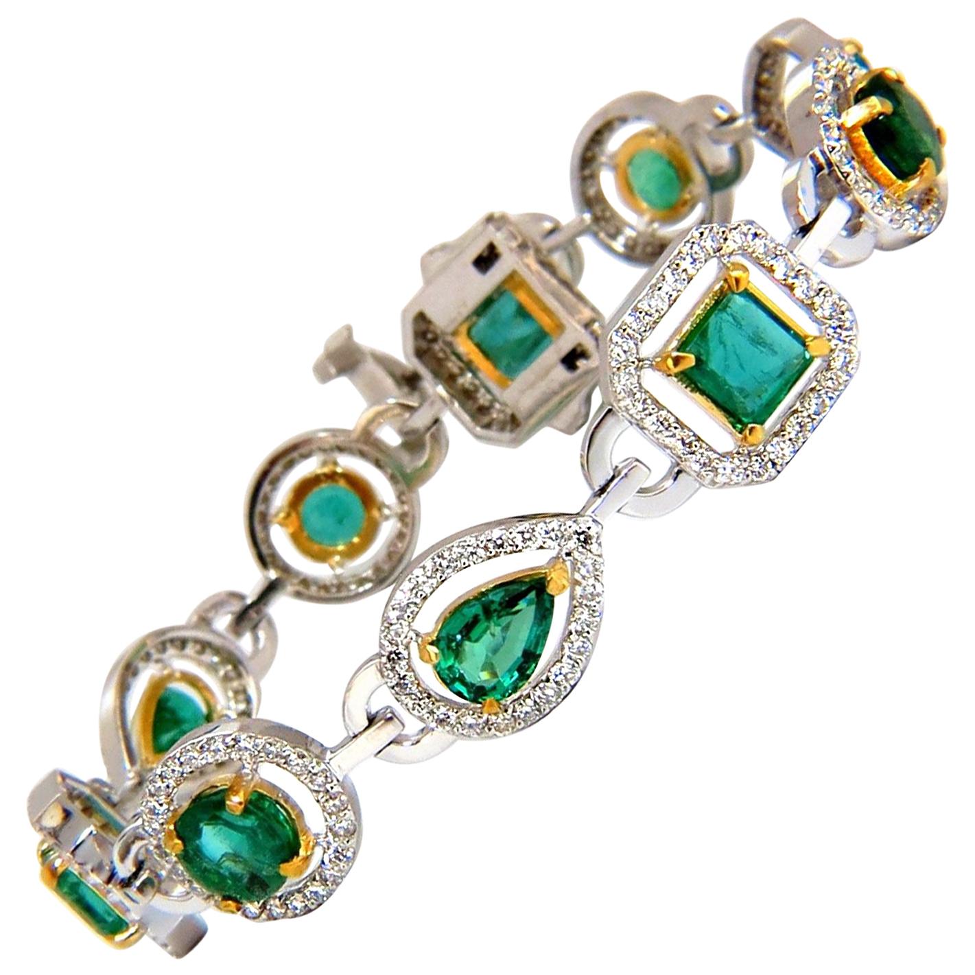 Bracelet halo de diamants et émeraudes naturelles de 10,62 carats en or 14 carats