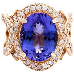 Bague en or jaune massif 14 carats avec tanzanite naturelle et diamant 