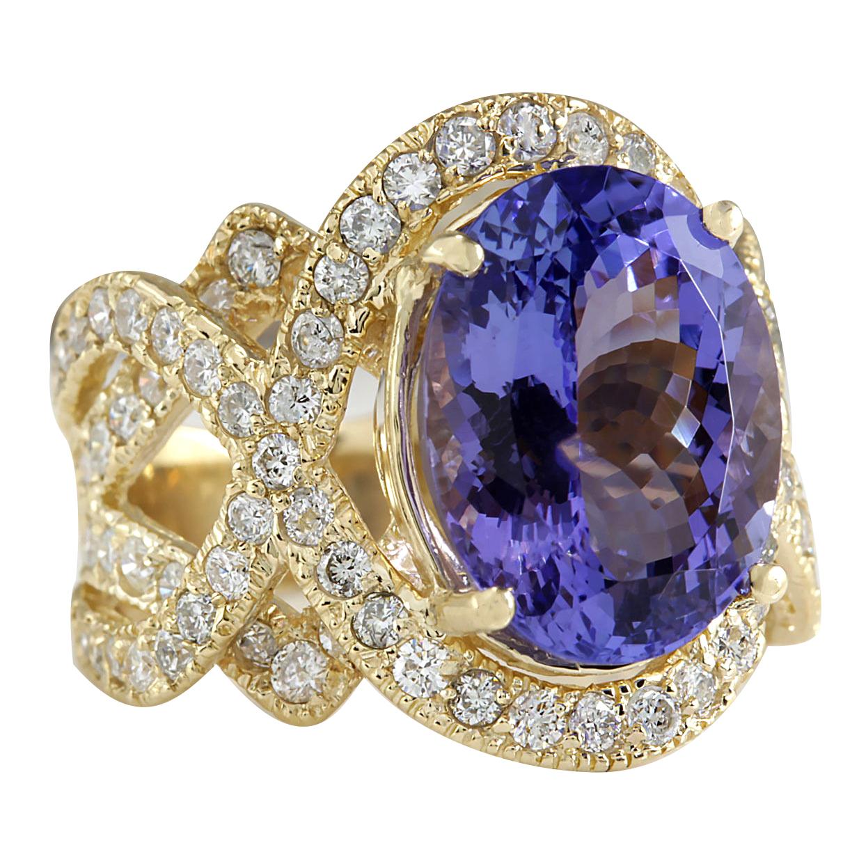 Indulge in unparalleled luxury with our stunning 10.62 Carat Tanzanite Diamond Ring, expertly crafted in 14 Karat Yellow Gold. Every detail exudes opulence, from the stamped 14K hallmark affirming its premium quality to the total ring weight of 12.2