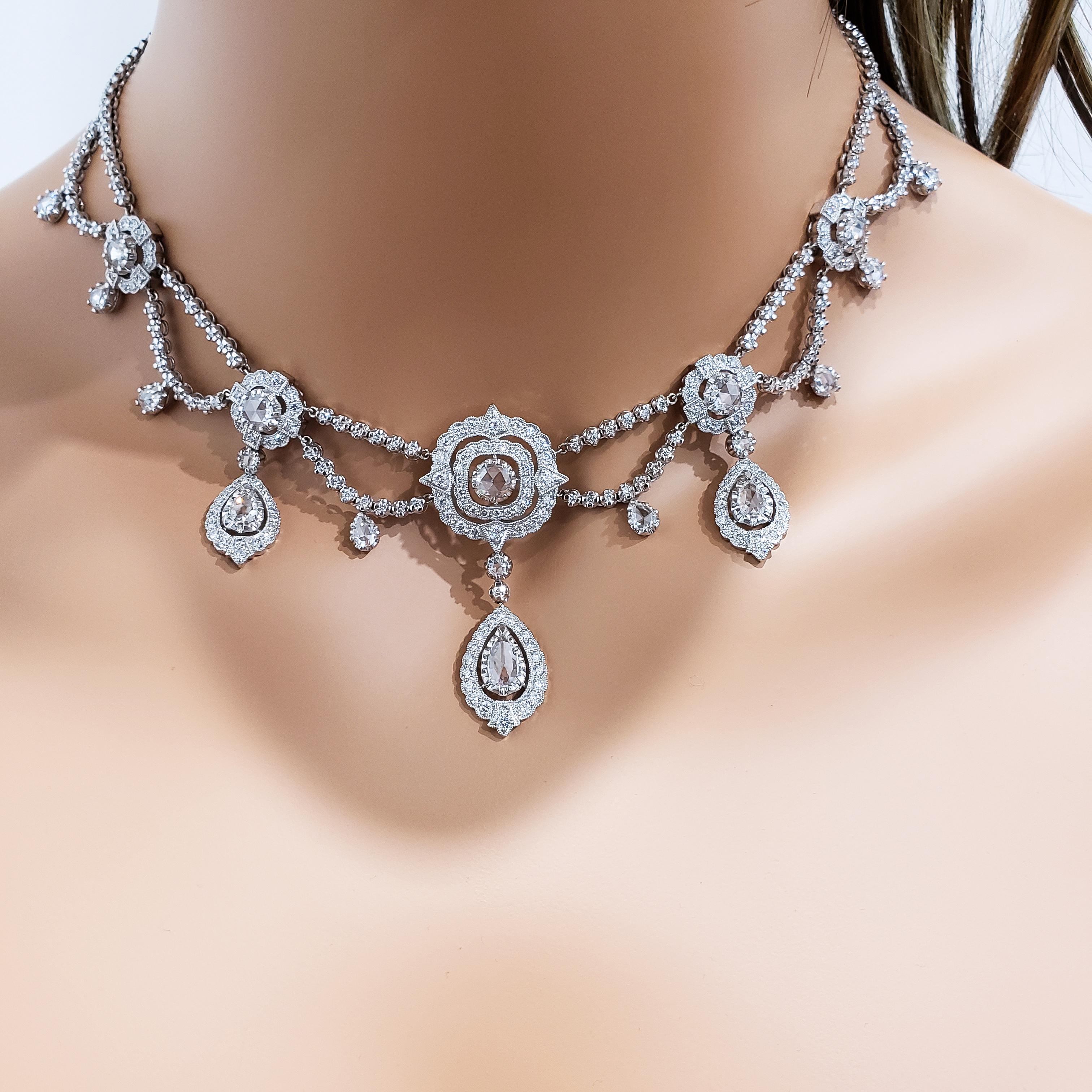10.62 Carat Total Open-Work Rose Cut Diamond Halo Necklace In New Condition In New York, NY