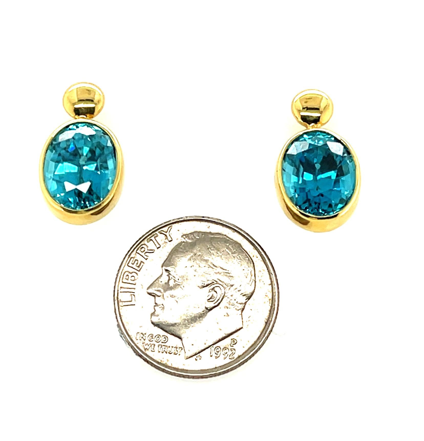 Oval Cut Blue Zircon and 18k Yellow Gold Drop Earrings. 10.62 Carats Total For Sale