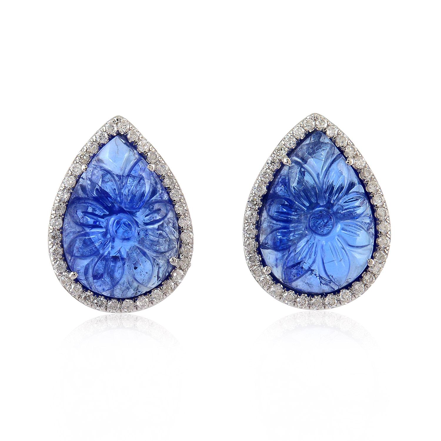 Pear Cut 10.63 Carat Carved Tanzanite 18 Karat Gold Diamond Stud Earrings For Sale