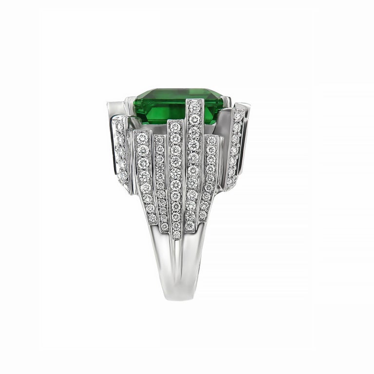 Art Deco 10.63 Carat Moldavite Cocktail Ring with 2.07 Carat Diamonds in 18 Karat Gold