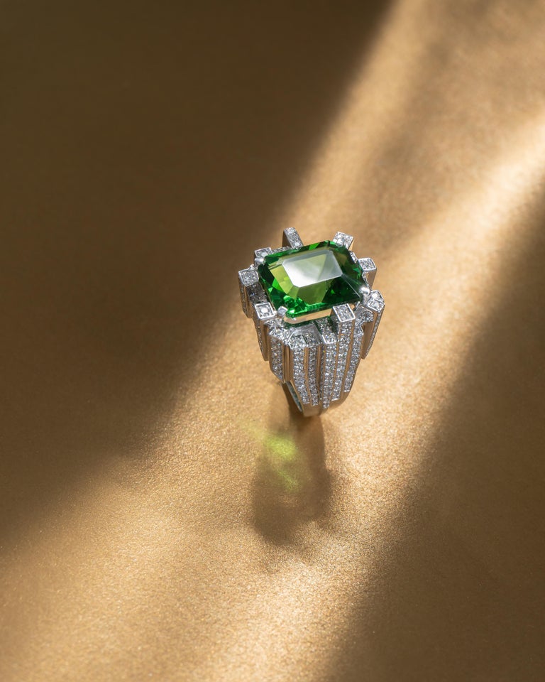 Emerald Cut 10.63 Carat Moldavite Cocktail Ring with 2.07 Carat Diamonds in 18 Karat Gold