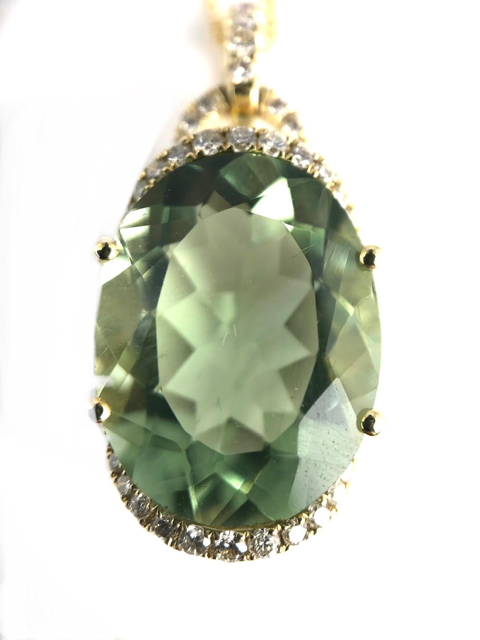 Contemporary DiamondTown 10.63 Carat Oval Cut Exotic Green Amethyst and Diamond Pendant