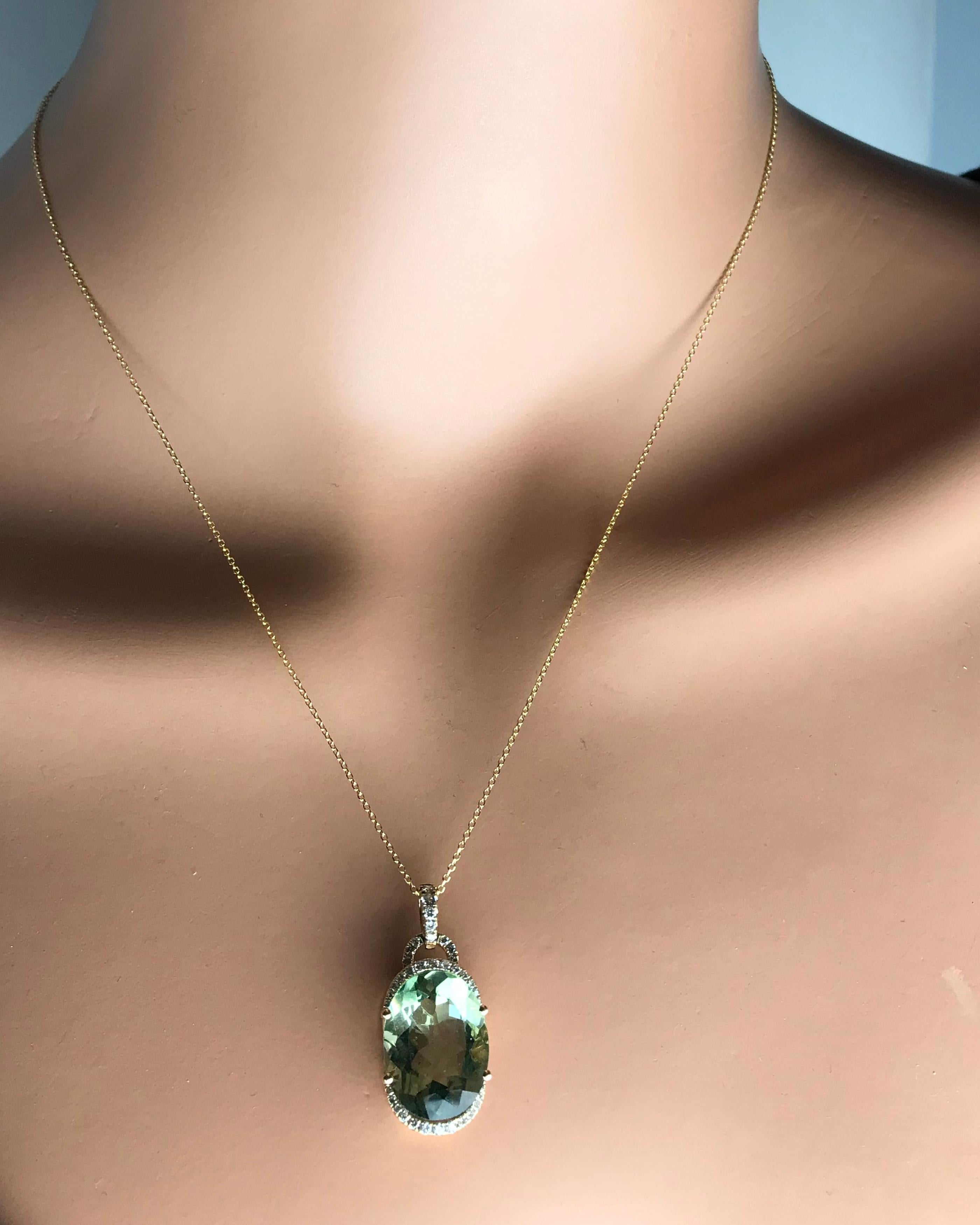 DiamondTown 10.63 Carat Oval Cut Exotic Green Amethyst and Diamond Pendant In New Condition In New York, NY