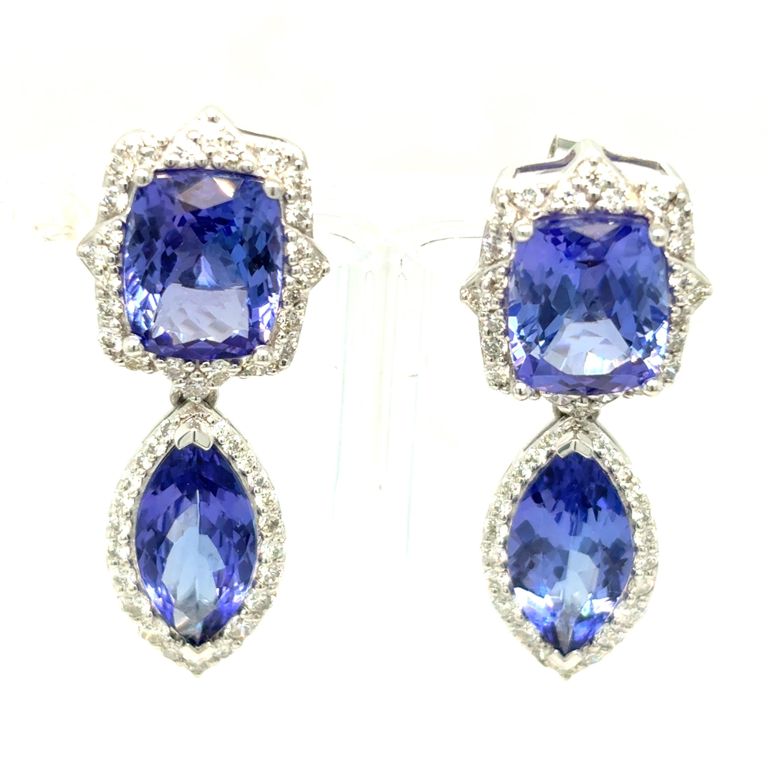 10.63 Carat Tanzanite Diamond Platinum Drop Earrings For Sale 6