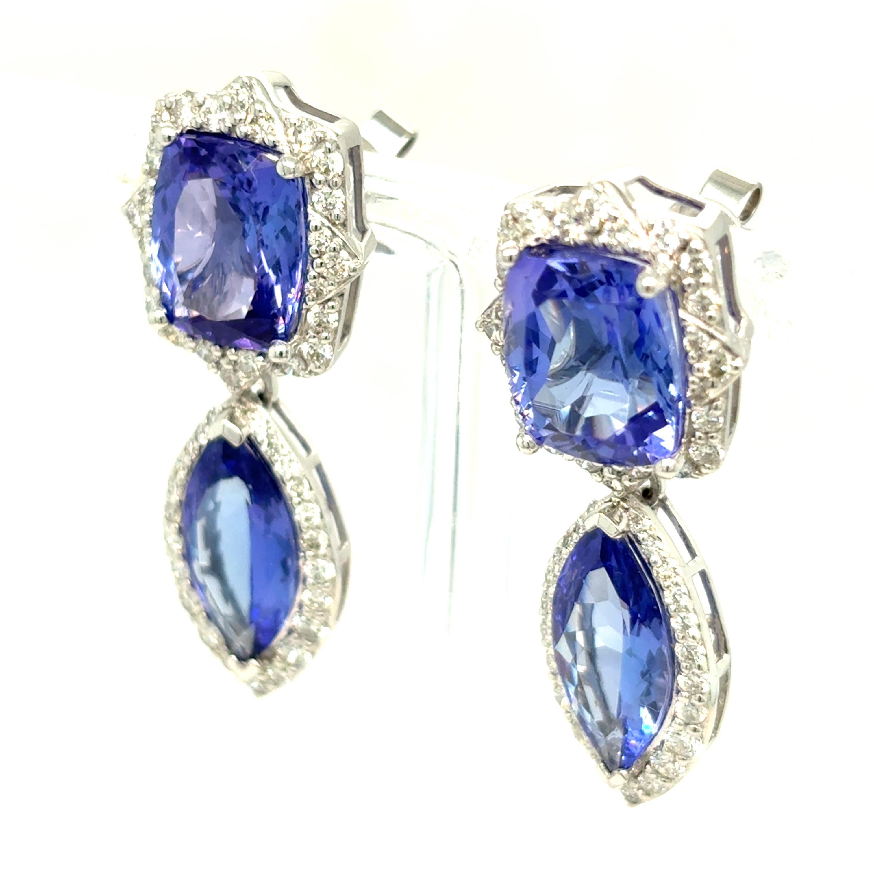 10.63 Carat Tanzanite Diamond Platinum Drop Earrings For Sale 7