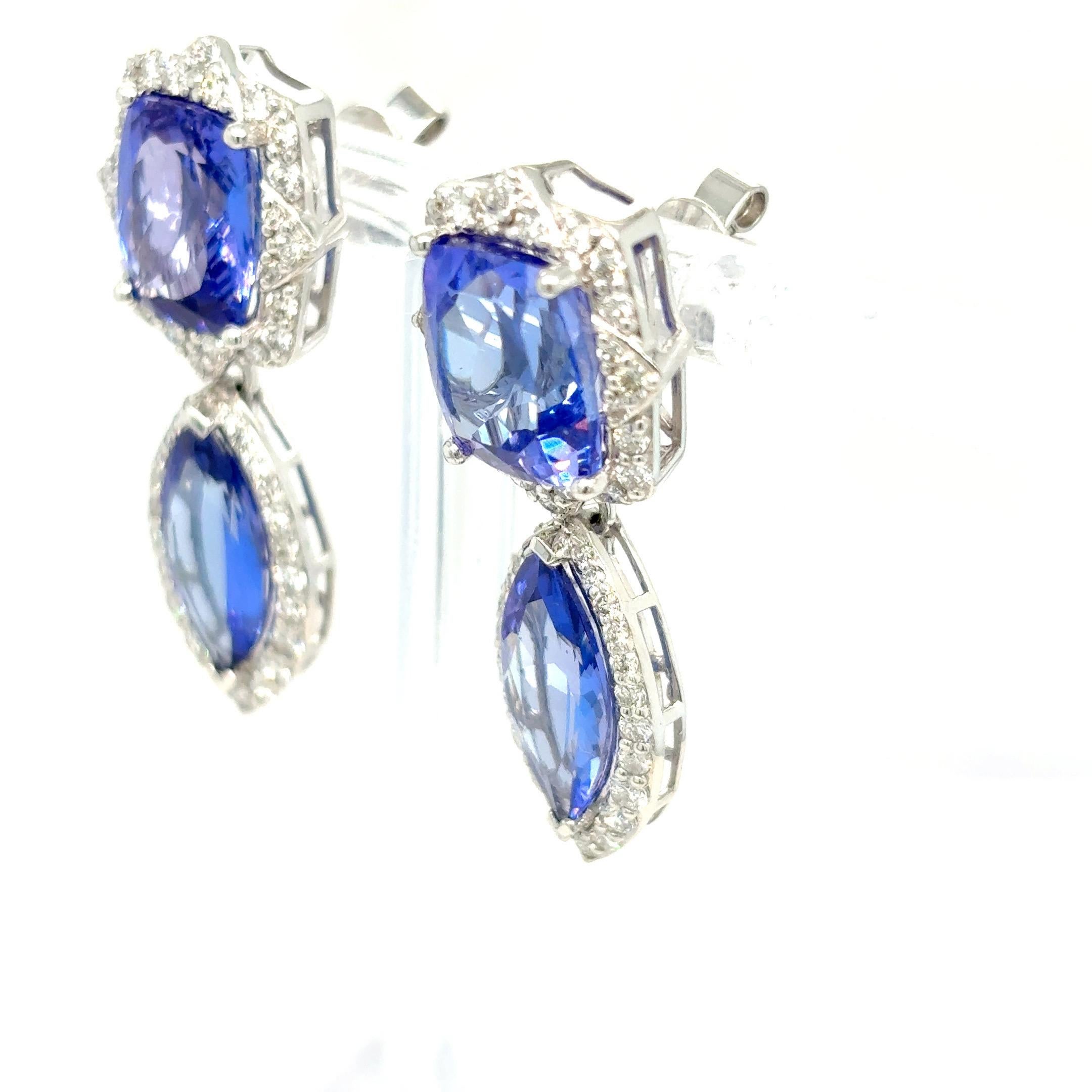10.63 Carat Tanzanite Diamond Platinum Drop Earrings For Sale 8
