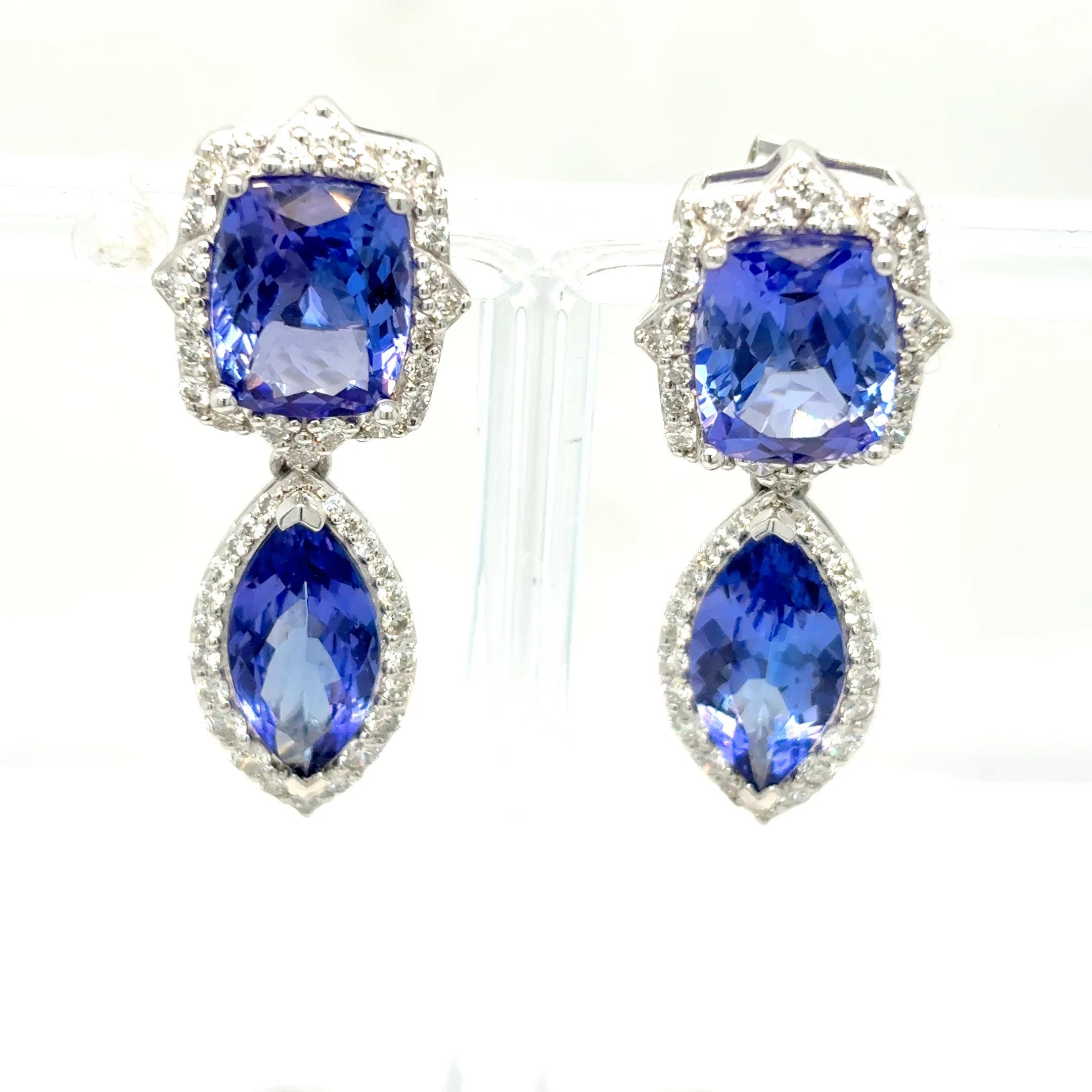 10.63 Carat Tanzanite Diamond Platinum Drop Earrings For Sale 9
