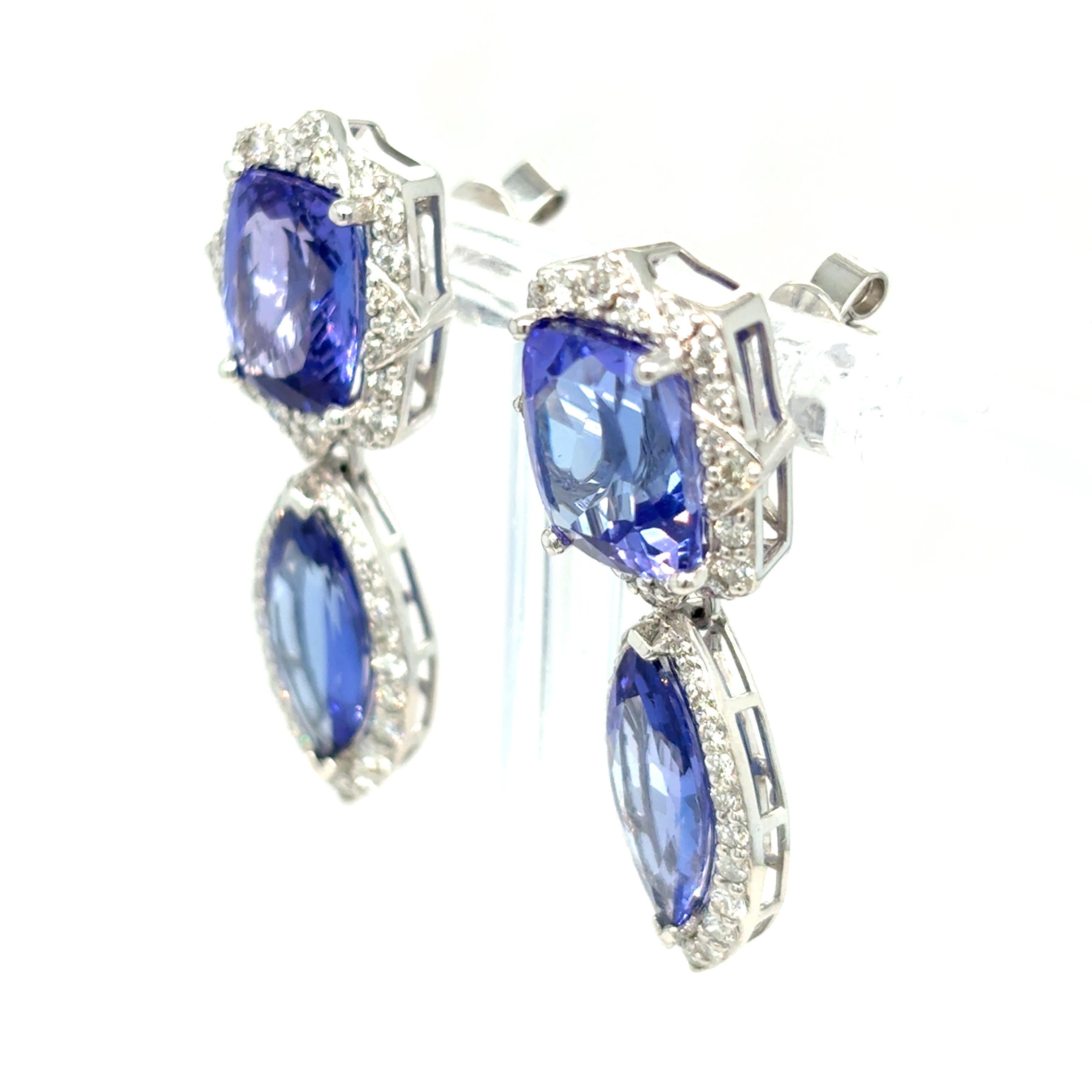 10.63 Carat Tanzanite Diamond Platinum Drop Earrings For Sale 10