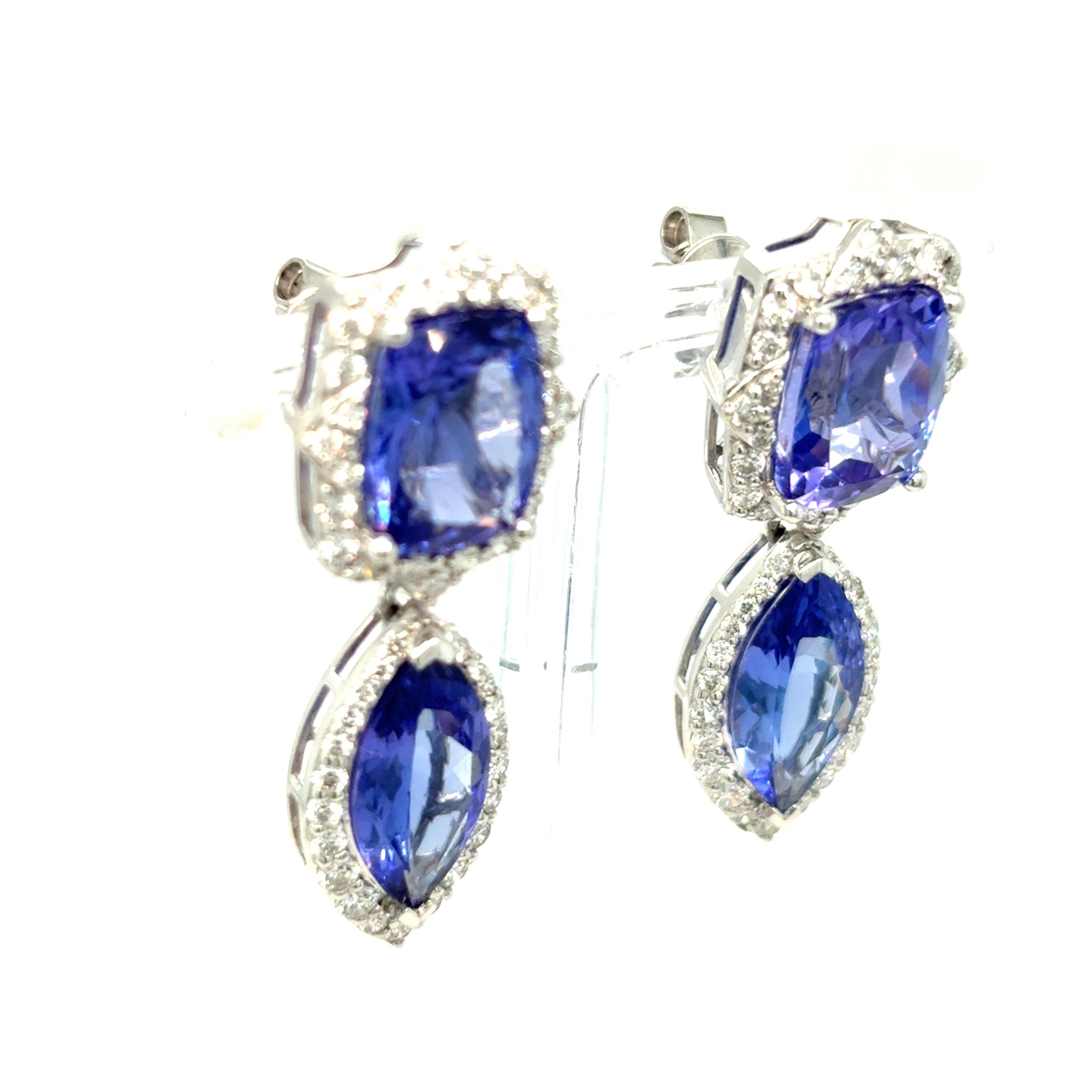 Artisan 10.63 Carat Tanzanite Diamond Platinum Drop Earrings For Sale
