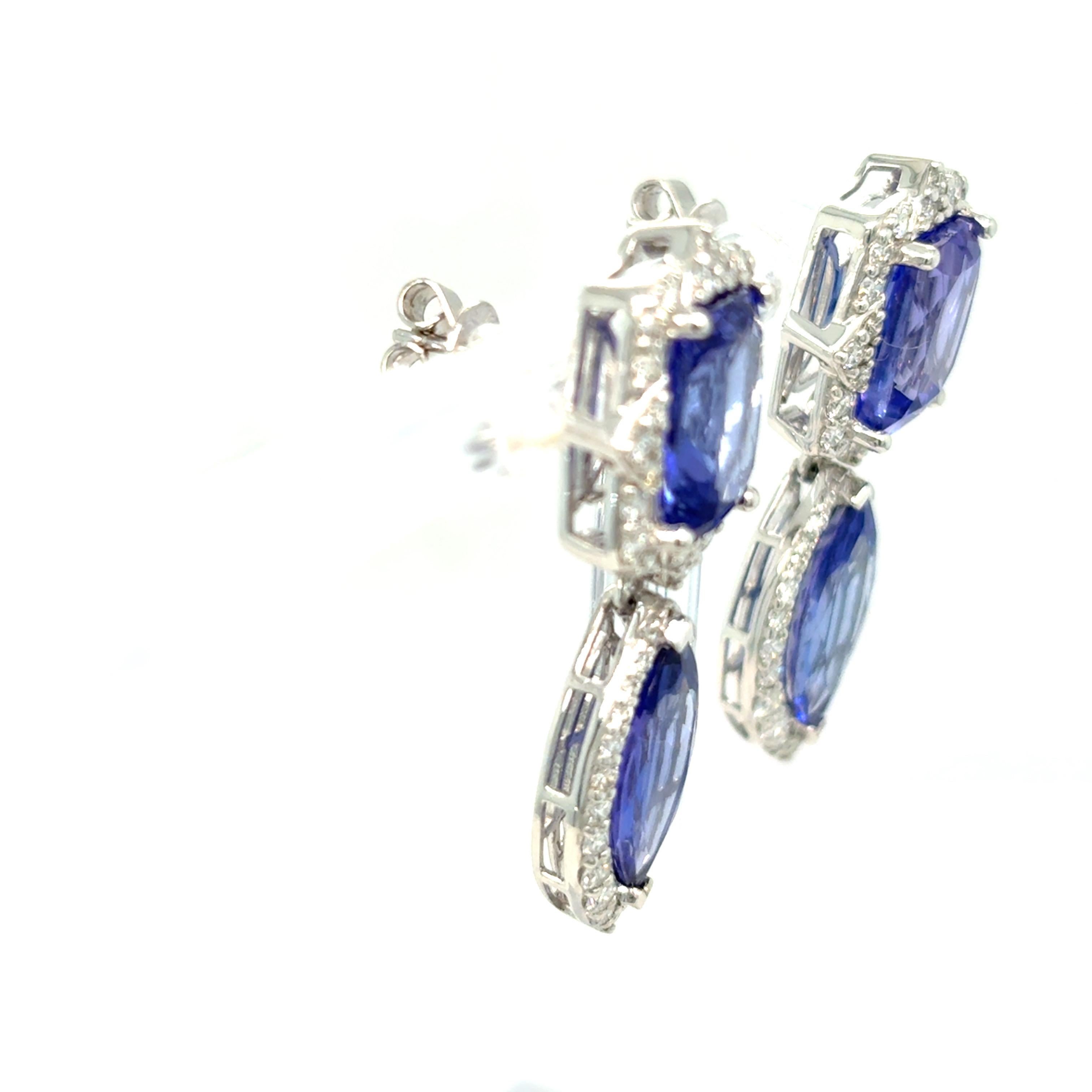 Cushion Cut 10.63 Carat Tanzanite Diamond Platinum Drop Earrings For Sale