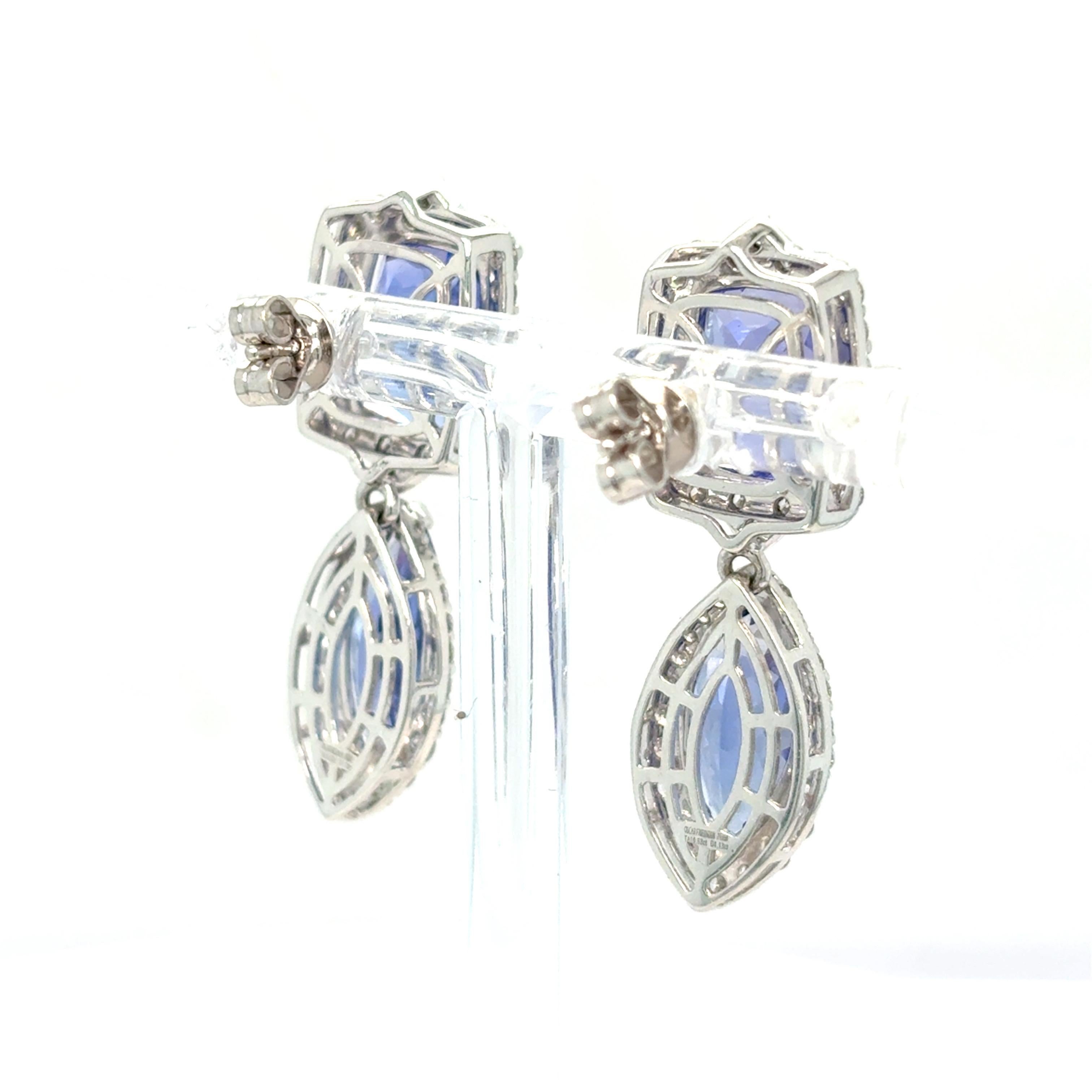10.63 Carat Tanzanite Diamond Platinum Drop Earrings For Sale 1