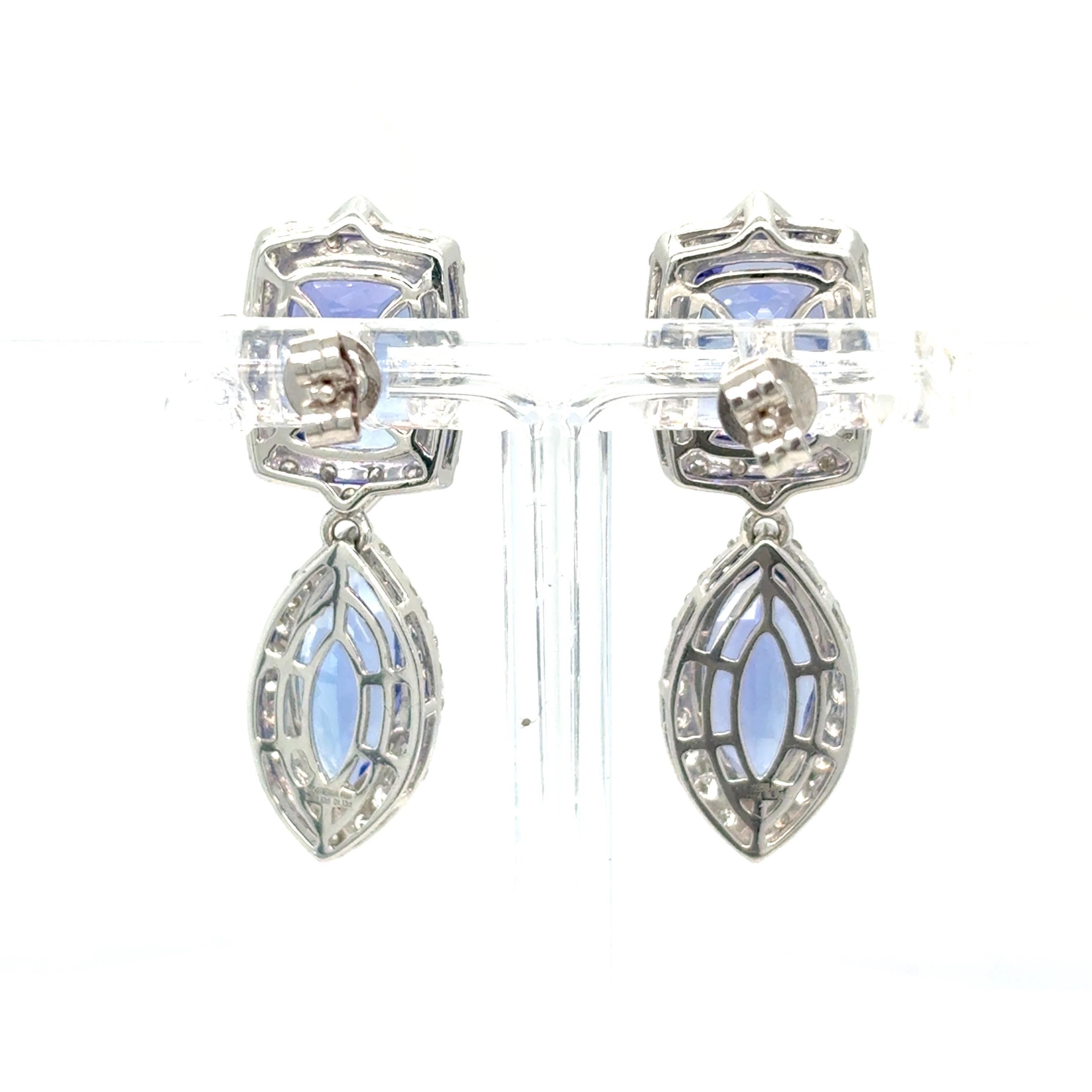 10.63 Carat Tanzanite Diamond Platinum Drop Earrings For Sale 2
