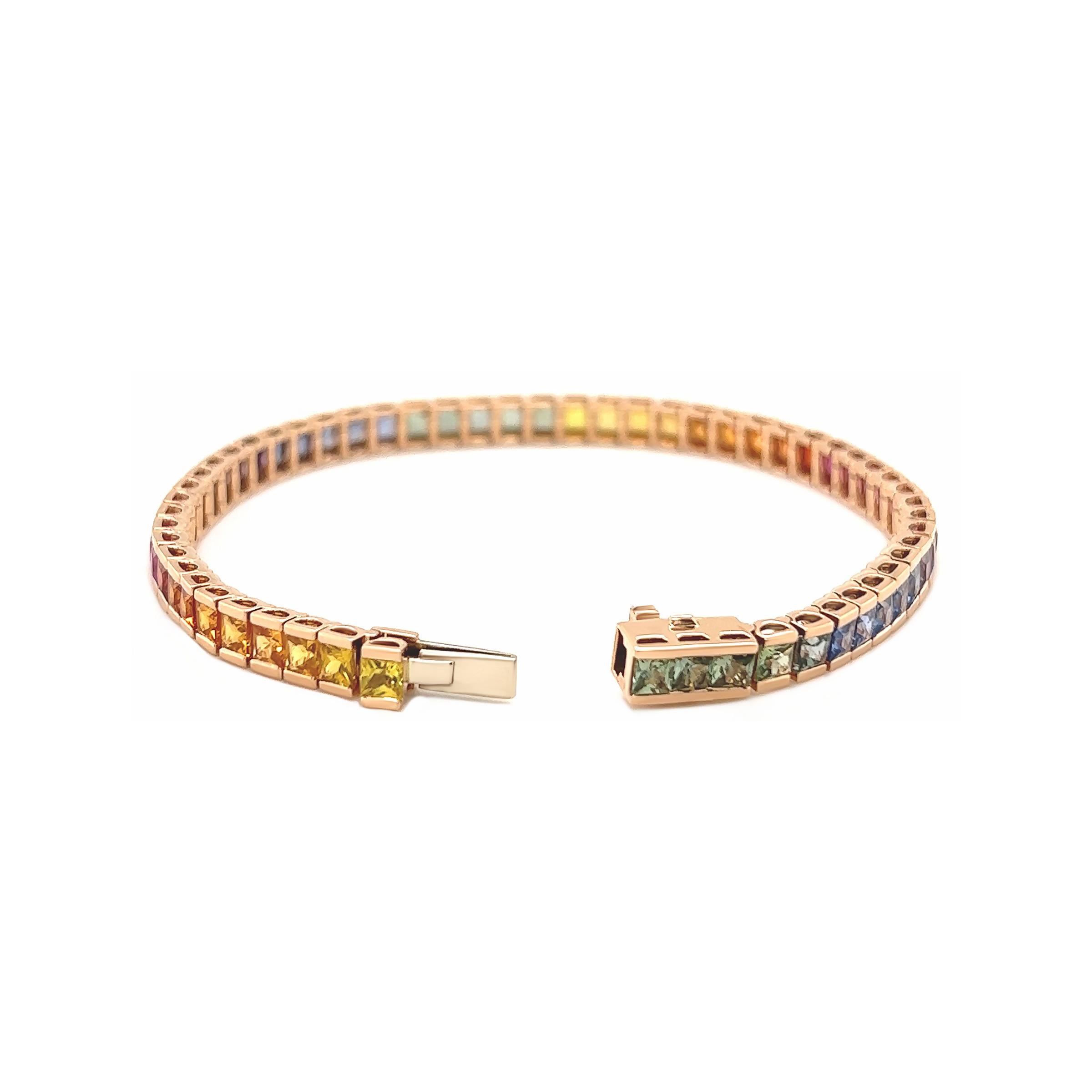 Natural sapphires perfectly hand selected for color, size and quality are laid out in rainbow. This 17cm bracelet demonstrates the transition of colors that have been carefully selected set in a high polished 18k rose gold. 

Rainbow Sapphires: