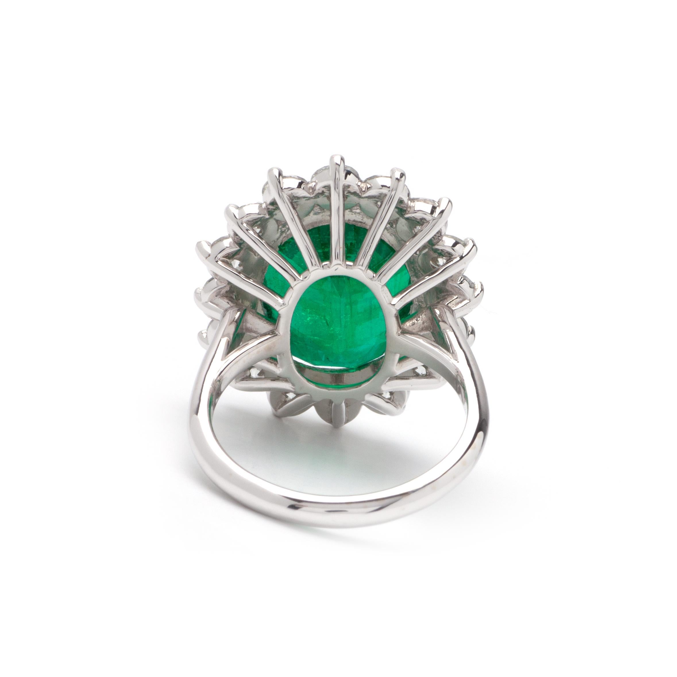 Modern 10.64ct Emerald Halo Ring in 14K White Gold, 2.40ct Side Diamonds For Sale