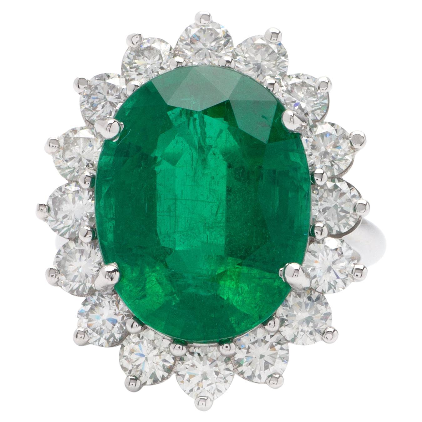 10.64ct Emerald Halo Ring in 14K White Gold, 2.40ct Side Diamonds