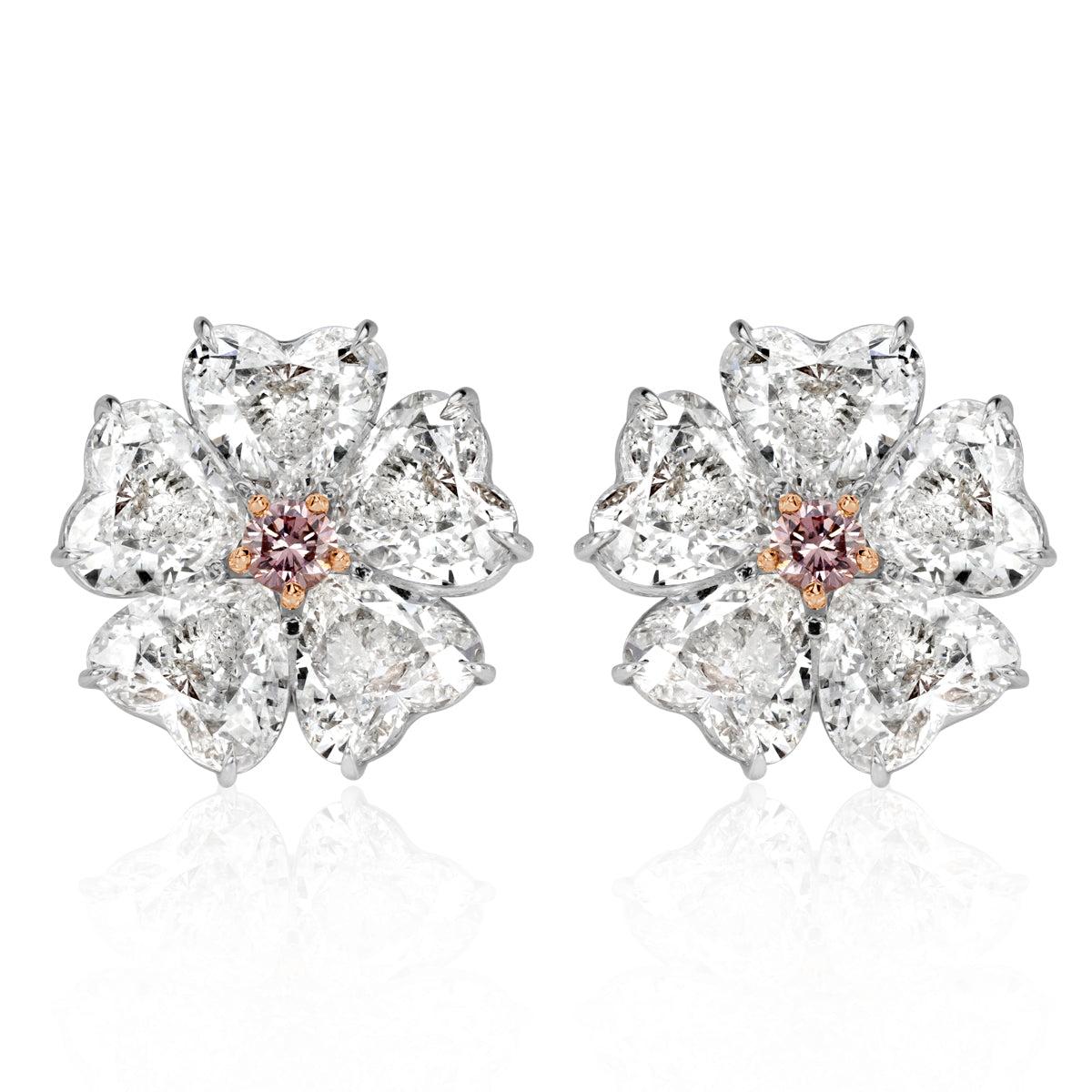 10.64ct Heart Shaped Diamond Floral Stud Earrings with Pink Diamond Centers For Sale