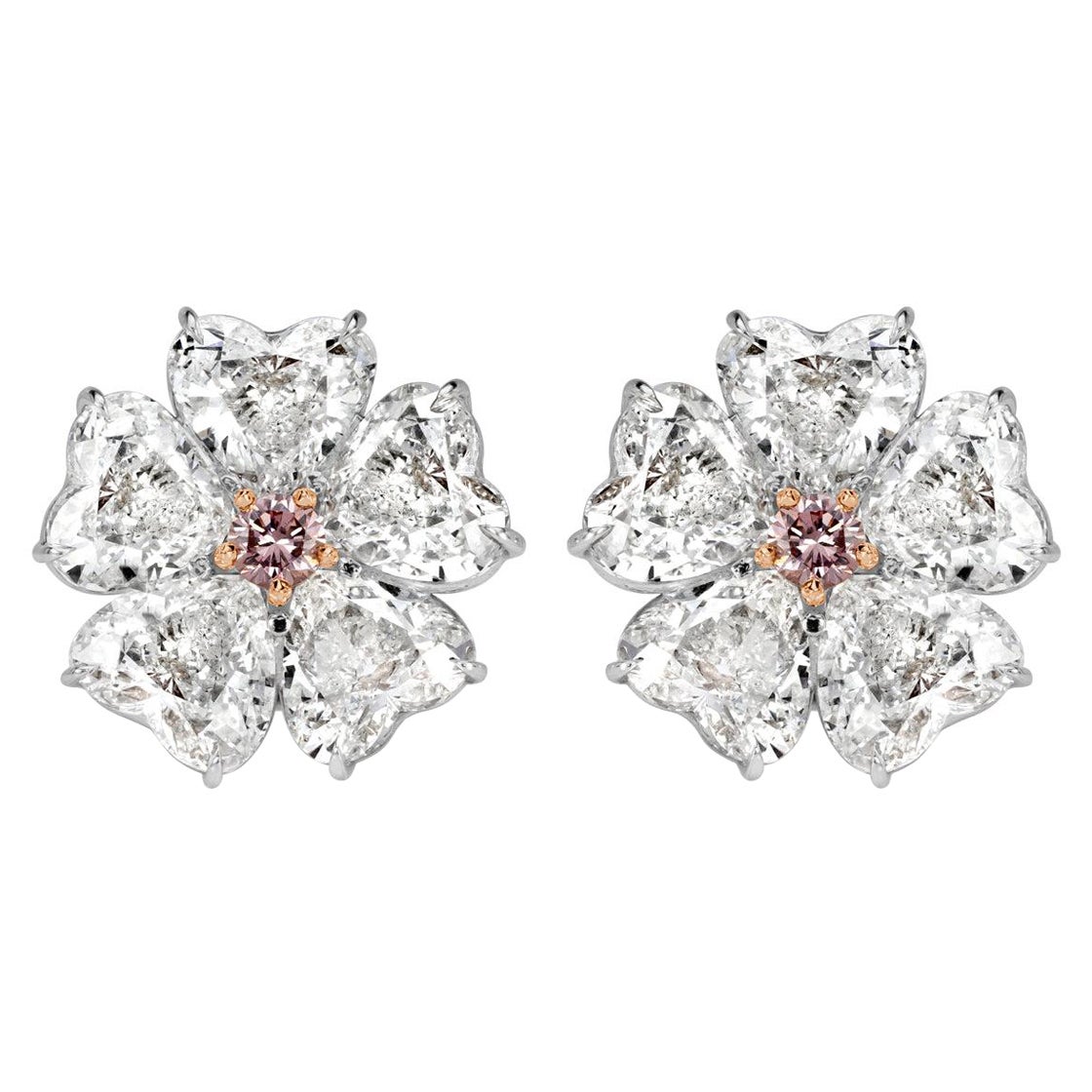 10.64ct Heart Shaped Diamond Floral Stud Earrings with Pink Diamond Centers im Angebot