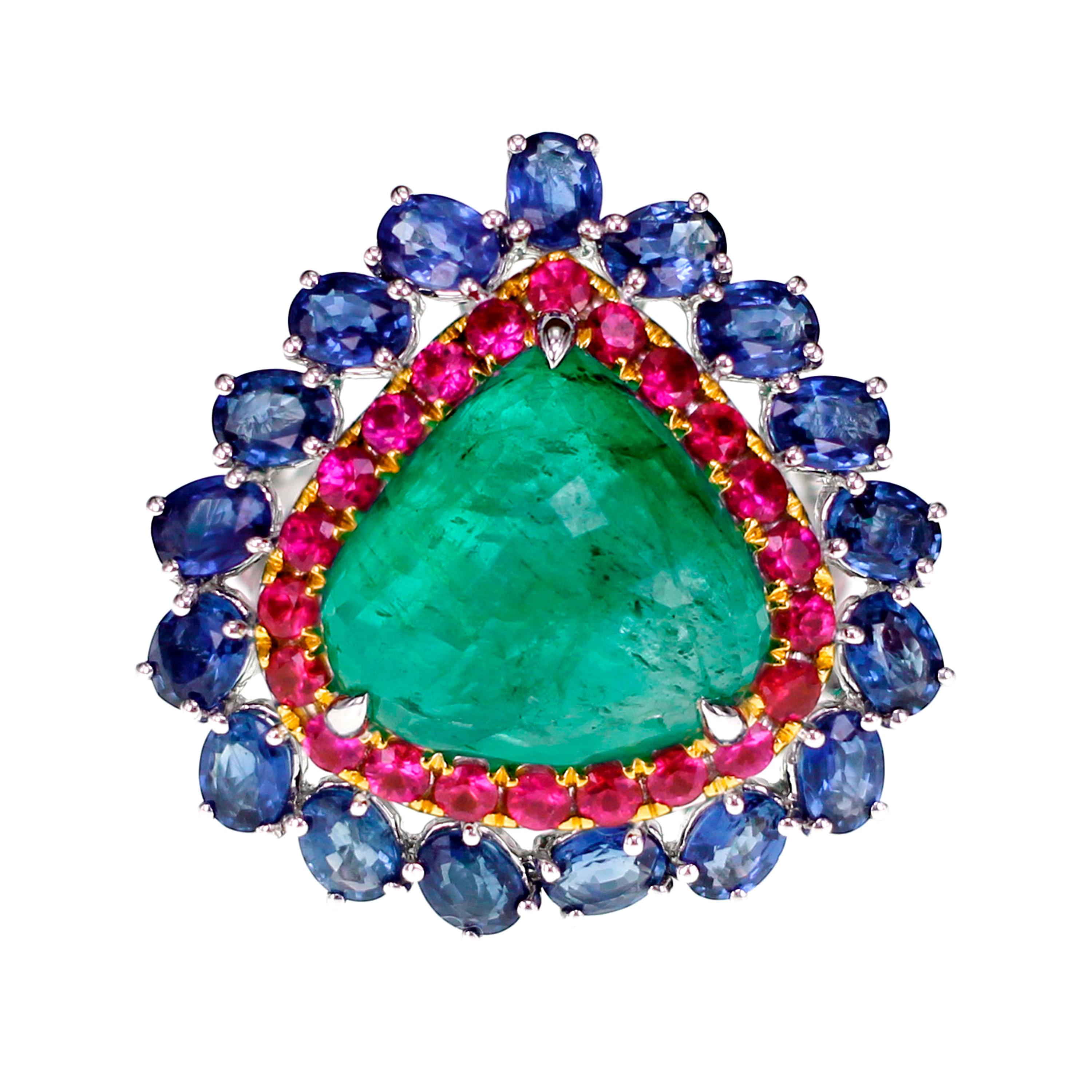 10.65 Carat Emerald Set with Ruby and Sapphire Antique Ring
