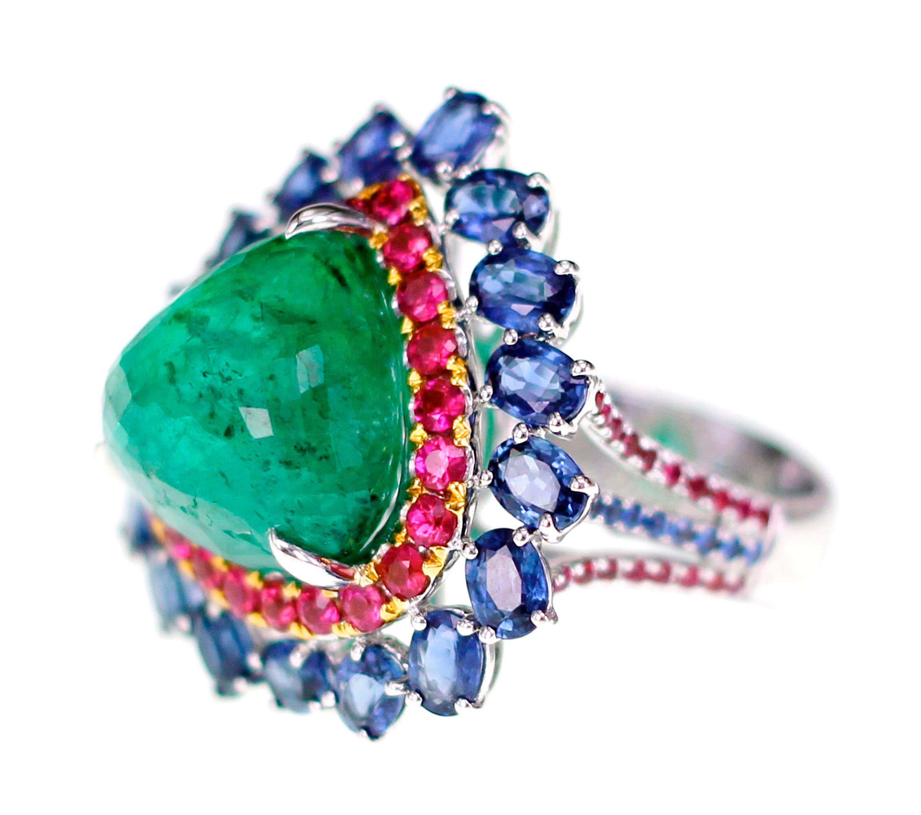 Continuing from our RGB Collection, the ring echoes nostalgia from all angles. 10.65 carat of Zambian Emerald is set with 1 carat of Mozambique ruby and 3.74 carat of Sri Lankan Sapphire. Ring size is US 6.25