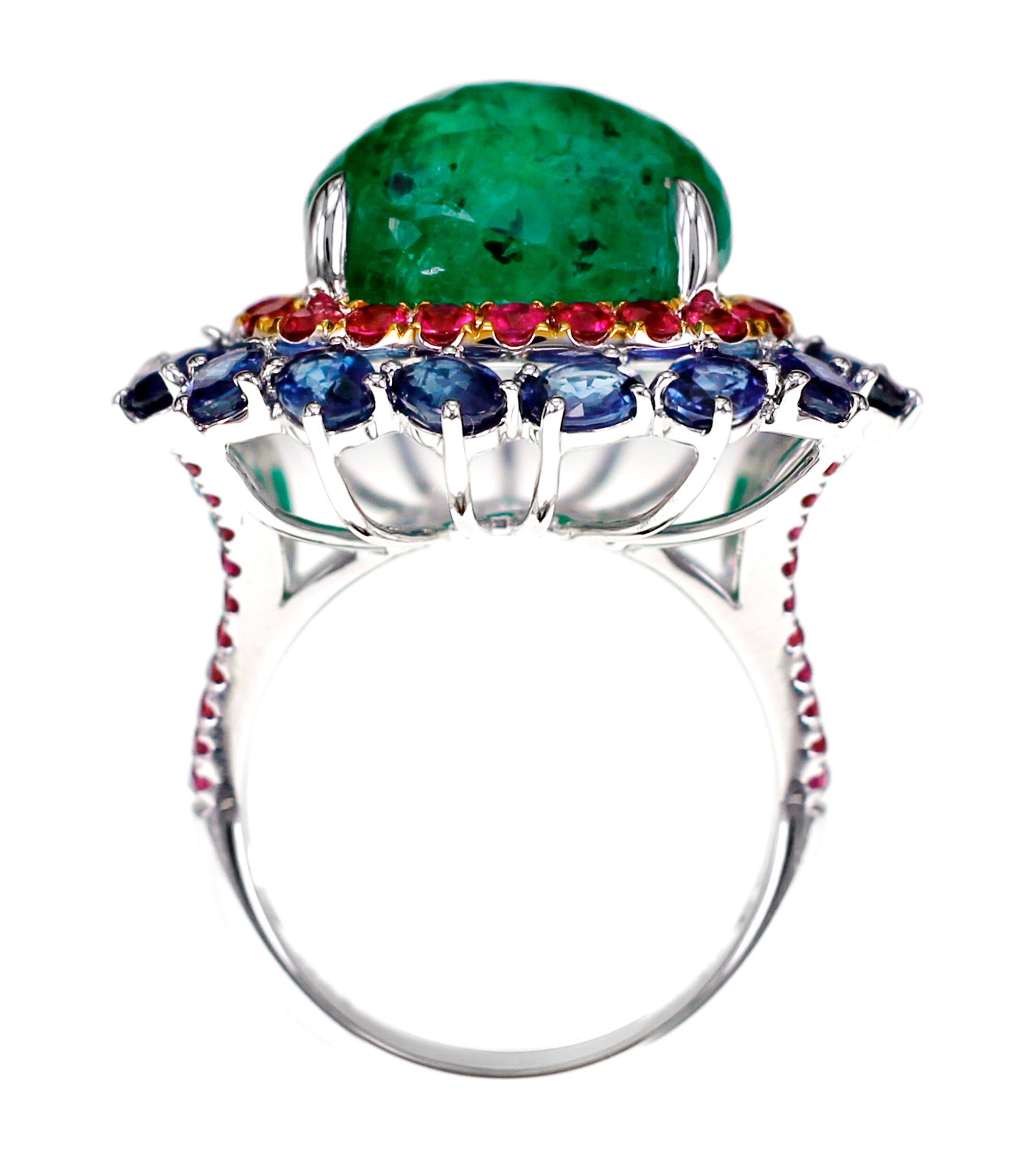 Women's 10.65 Carat Emerald Set with Ruby and Sapphire Antique Ring