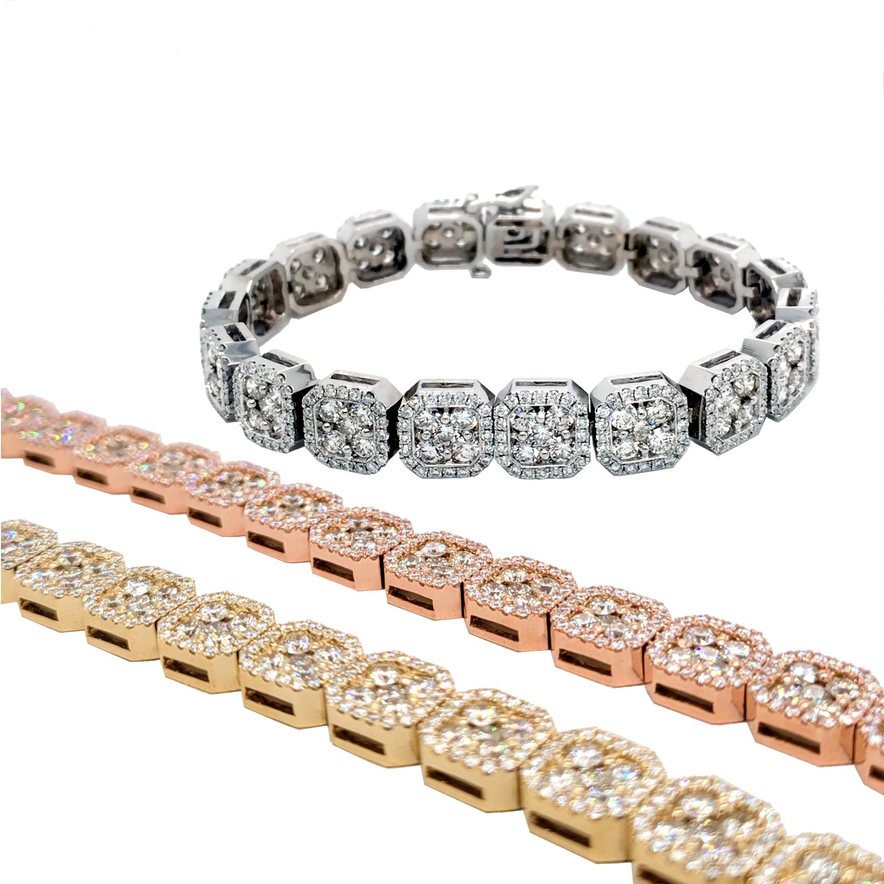 10.65 Carat Pave Set 14K Gold Diamond Tennis Bracelet with Cluster Set Links For Sale 2