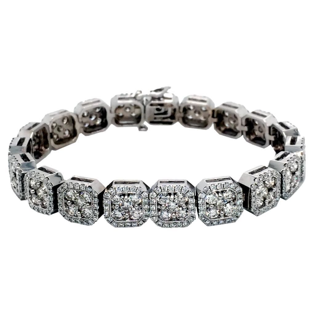 10.65 Carat Pave Set 14K Gold Diamond Tennis Bracelet with Cluster Set Links