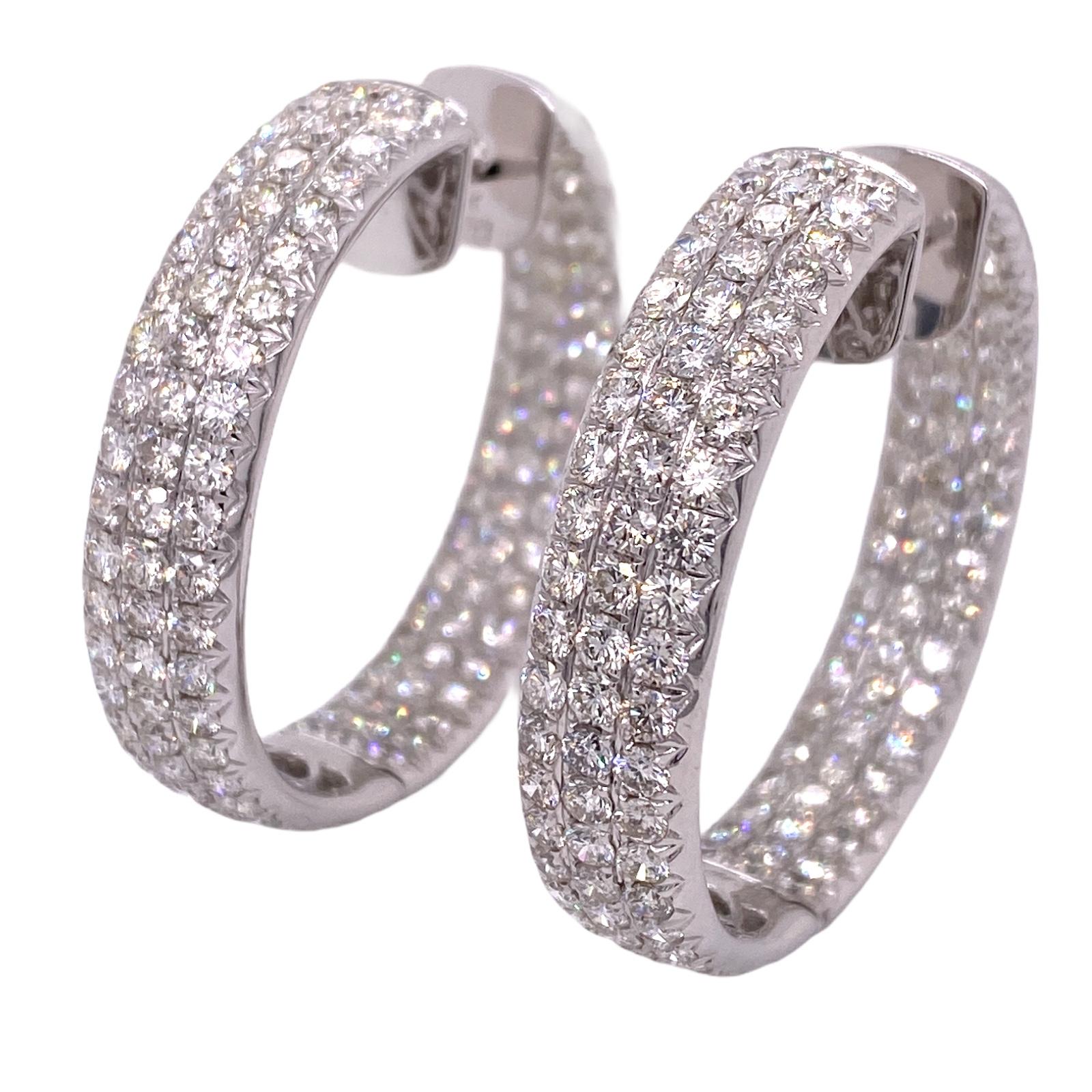 Modern 10.65 Carat Three-Row Diamond Wide In & Out Hoop Earrings 18 Karat White Gold For Sale