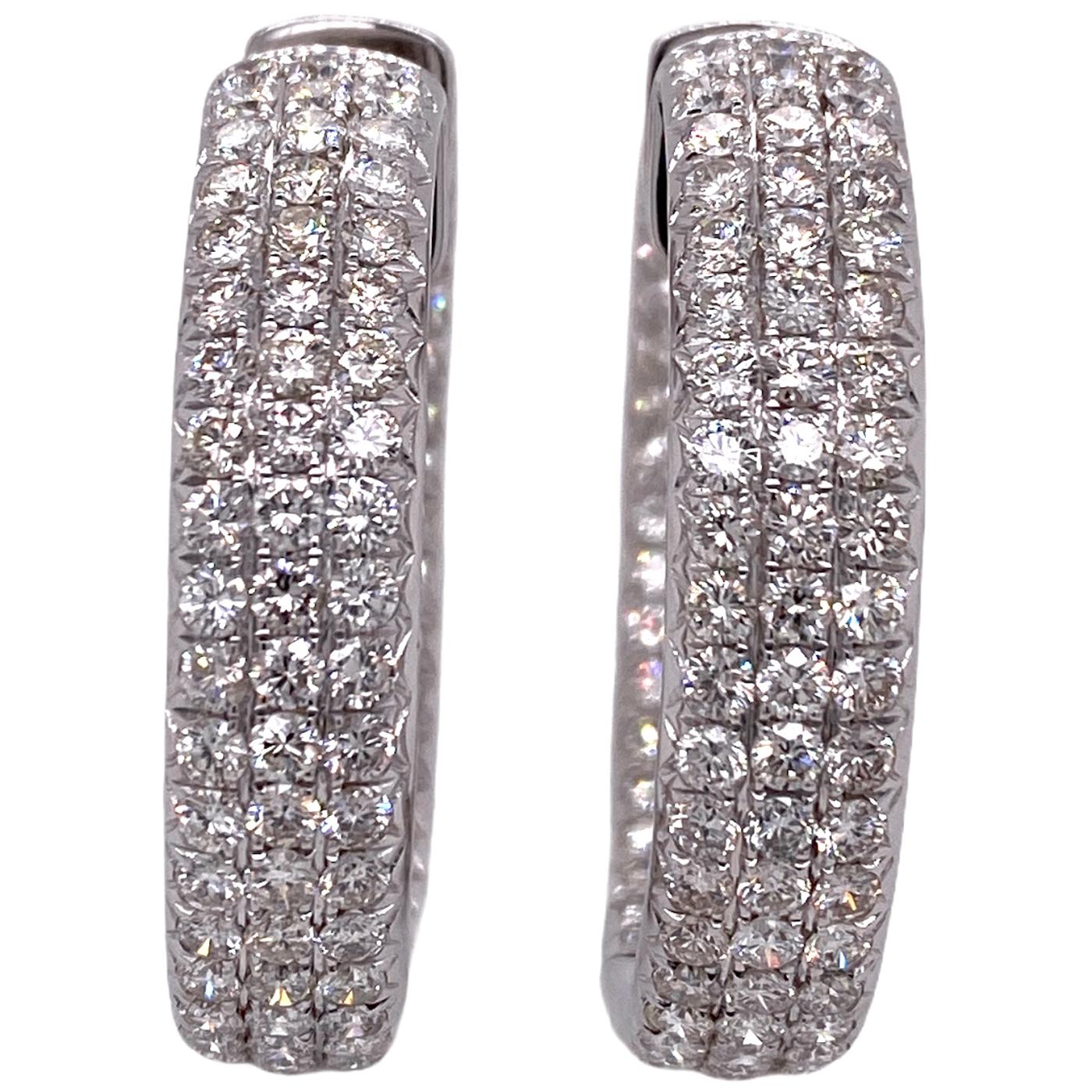 10.65 Carat Three-Row Diamond Wide In & Out Hoop Earrings 18 Karat White Gold For Sale