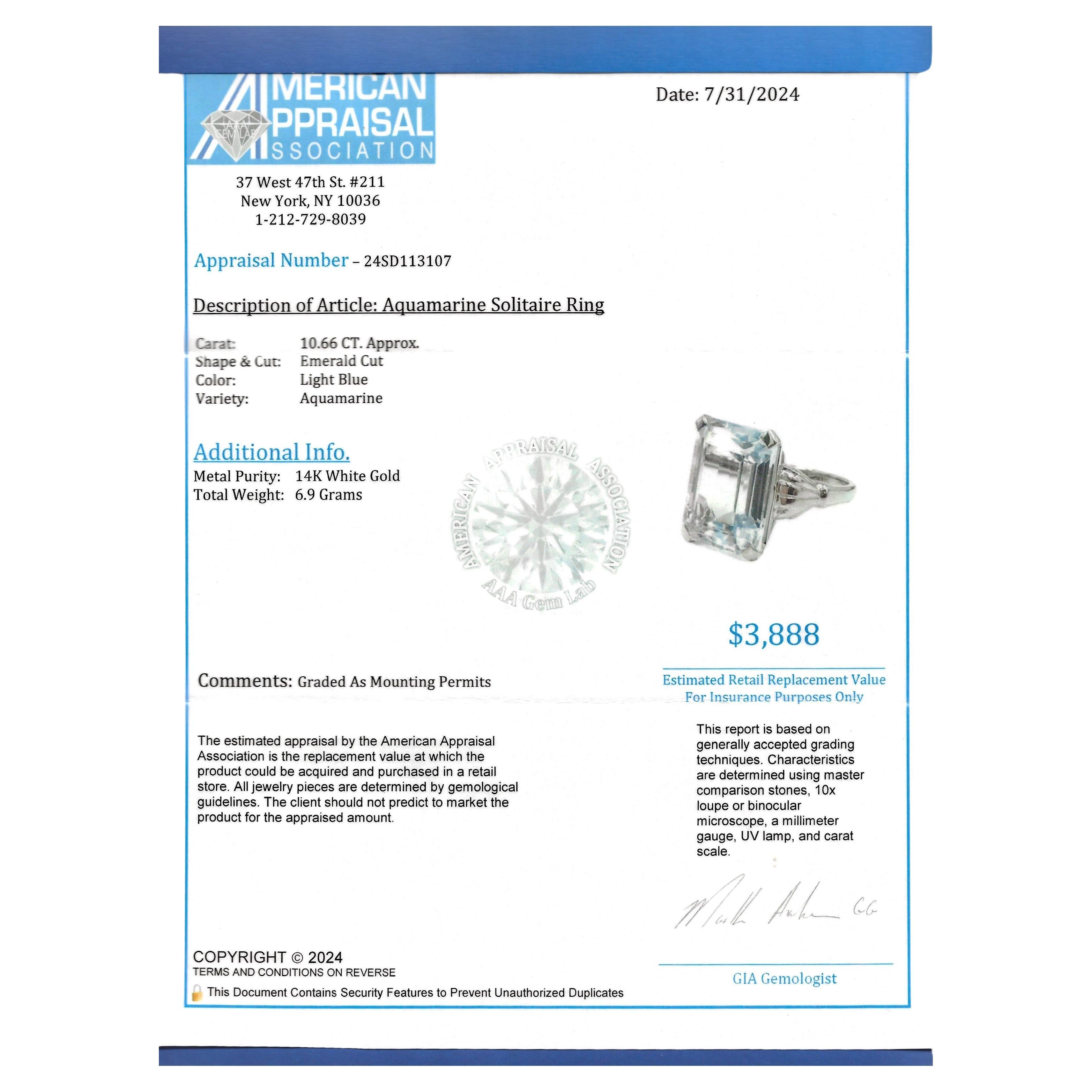 10.66 Carat Emerald Cut Aquamarine Solitaire Ring Set in 14 Karat White Gold en vente 5