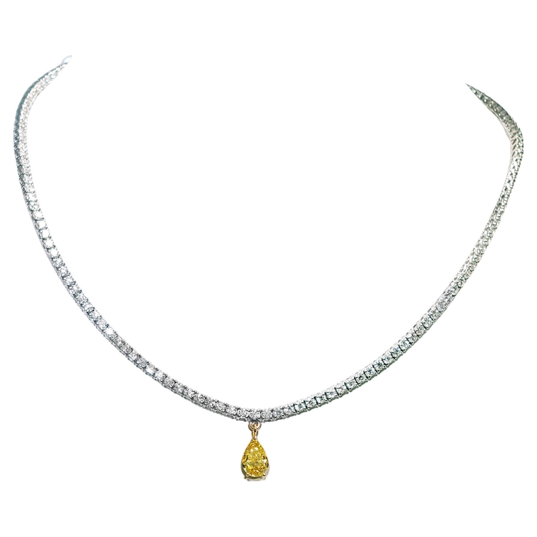10.66 Carat Fancy Intense Yellow Pendant  & Diamond Tennis Necklace In 18k Gold. For Sale