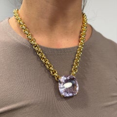 106.63 Carat Pink Amethyst Cushion 18K Gold Solitaire Chain Necklace