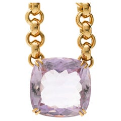 106.63 Carat Pink Amethyst Cushion 18K Gold Solitaire Chain Necklace